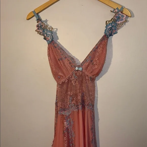 Y2K Pink & Lavender Lace /Floral Appliqué Chemise Lingerie Nightgown Size Large - Picture 3 of 17